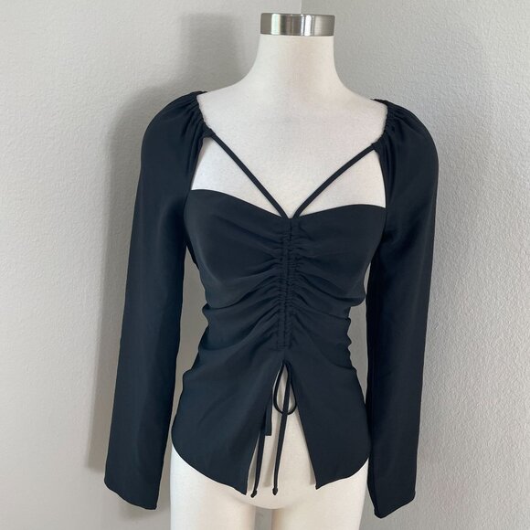 NEW Express Womens Small Black Strappy Ruched Front Split Hem Tie Top Shirt - Picture 1 of 11